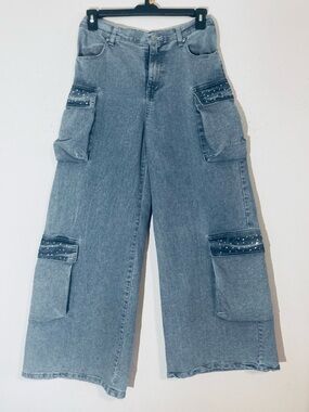 Madden NYC Sz S Super Wide-Leg Cargo Skater Jeans, High Waist Rhinestone Pockets